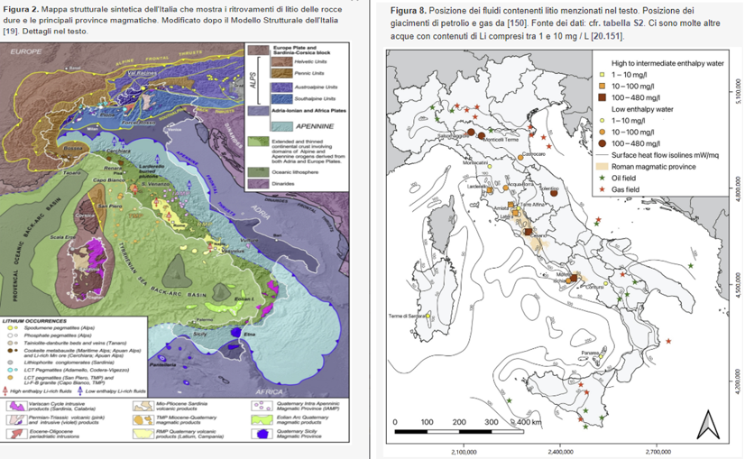 sono due mappe con stilizzato i giacimenti di fluidi e di solidi per l'estrazione del litio in Italia